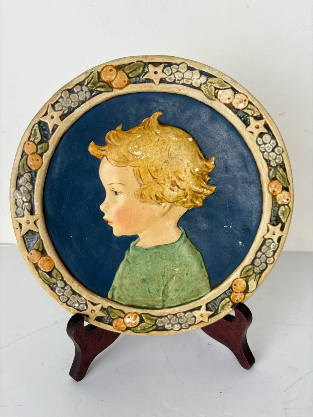 Vintage Plaster Wall Plaque/ Art Deco   Style-Child Portrait /Fruit & Star Boar
